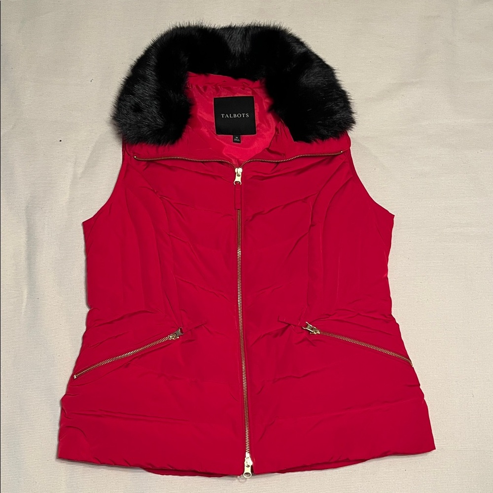 Talbots Women's Down Red Vest with Faux Fur Collar